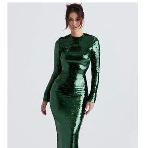 HOUSE OF CB 'Belle' Pine Green Sequin Maxi Dress